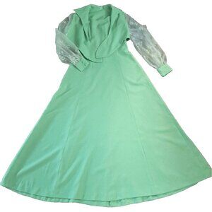 Womens Vintage Maxi Dress W Jacket Green Sheer Daisy Sleeves 1960s Formal M